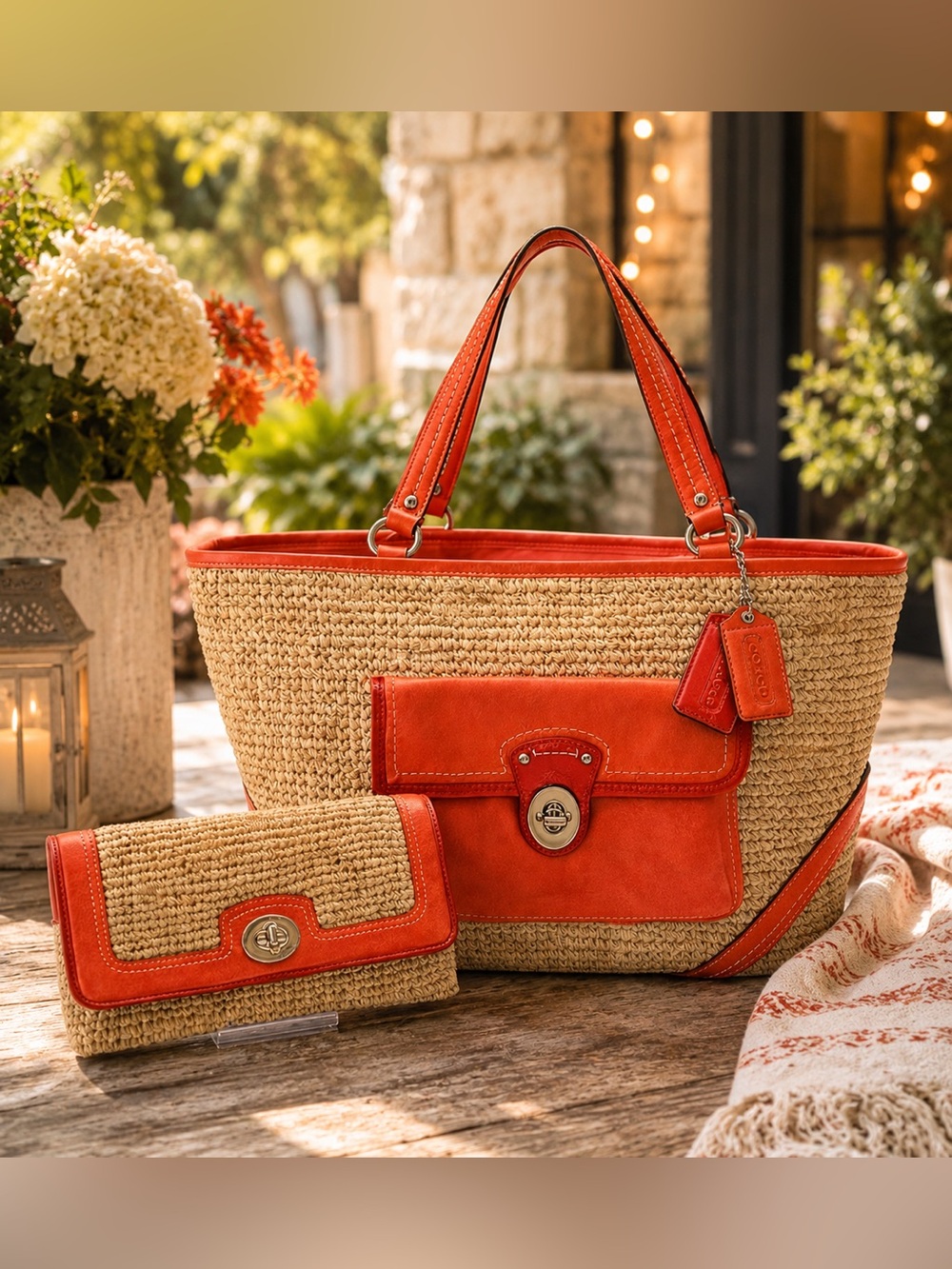 Coach Legacy Resort Summer Collection Raffia/Coral Leather Tote & Clutch